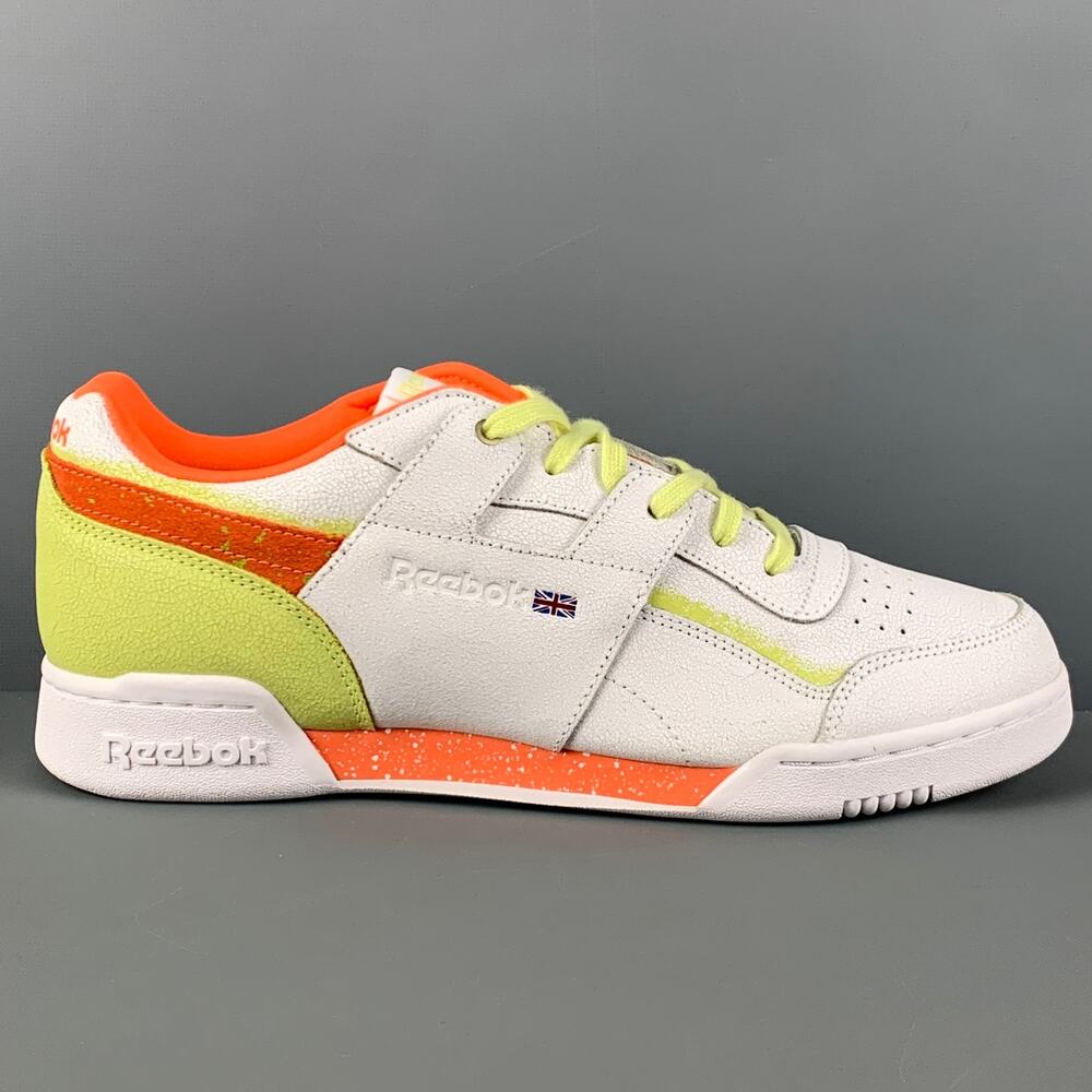 REEBOK Size 10.5 White Orange & Green Leather Lace Up Sneakers